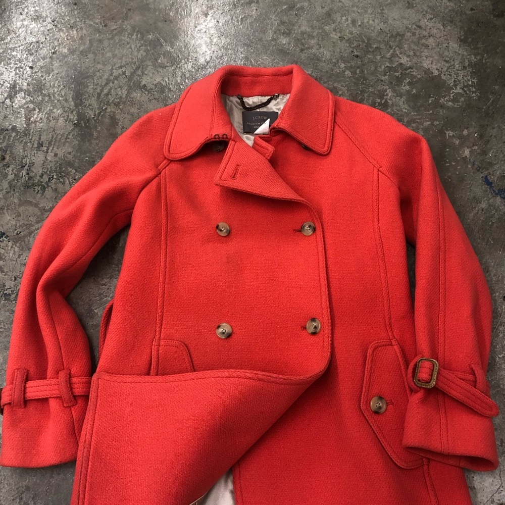 J Crew Trench Coat Stadium Cloth Orange Red Wool - Picture 5 of 8